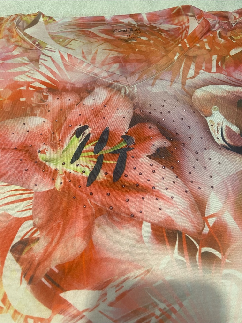🌸Coral Bay Pink Flamingo & Tropical Floral V-Neck Short Sleeve Top Size 2X - Picture 3 of 7